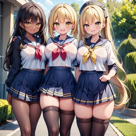 highest quality,wonderful,finely,extremely detailed CG Unity 8K wallpaper, (Stand in line:1.2), (3 girls,blonde, Yellow Eyes, Low Ponytail, Scrunchie, Earrings、Wicked Smile), (Grin:1.1), ((Brown Skin:1.2), (huge breasts:1.1),(sailor uniform:1.3), (open mou...