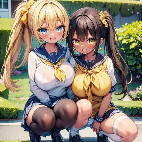 (cute eyes:1.2),highest quality,wonderful,finely,extremely detailed CG Unity 8K wallpaper,(2 Girls, cute eyes, sailor uniform, clothed,blonde, Yellow Eyes, Low Ponytail, Scrunchie, Earrings、Wicked Smile), (Grin:1.1), ((Brown Skin:1.2)), (huge breasts), (sq...