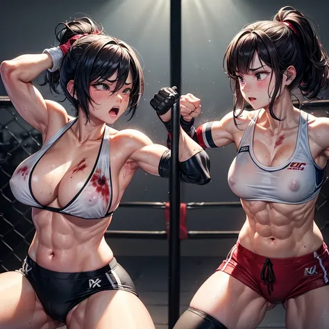 Super big 。Thick thighs and armuscular。Six Pack Abs。Punching or kicking the opponent&#39;s body。A battle royal between two beautiful young heavyweight female mixed martial artists。Bruised Belly。Covered in wounds and in a bad shape。They are fighting violent...