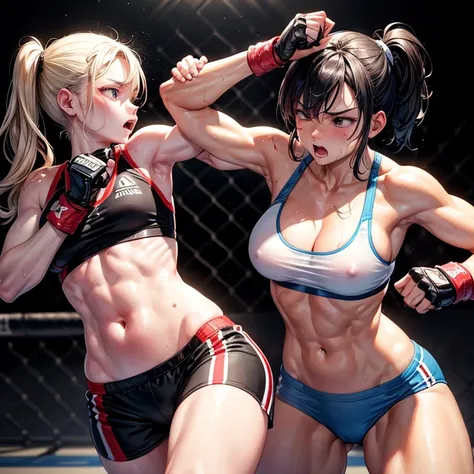 Punching or kicking the opponent&#39;s body。A battle royal between two beautiful young heavyweight female mixed martial artists。Bruised Belly。Covered in wounds and in a bad shape。They are fighting violently。Suffering from damage。Mouth open and dripping blo...