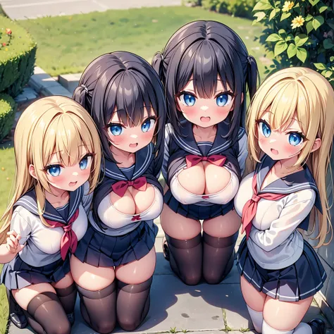 highest quality,wonderful,finely,extremely detailed CG Unity 8K wallpaper, (3 girls, Stand in line:1.3), (cute eyes, Sailor suit:1.1, clothed), (sparkling eyes:1.2), (huge breasts), (all fours:1.3), (open mouth:1.1), (long tongue:1.1), (mouth drool:1.1), (...