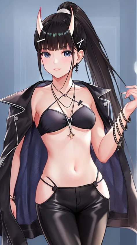 1girl, city,BREAK zozo-nosiro,oni horns,black hair,black eyes, long hair, ponytail, black bikini,black jacket, boots, bracelet,black enamel pants,pendant, BREAK smile,sitting, BREAK, (dark light:1.2),(hyper extreme detailed),(masterpeace:0.5),(hyper extrem...