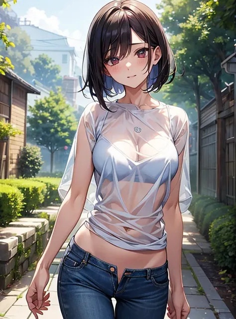 Attractive breasts、Beautiful and attractive anime woman, Enchanting anime girl, Top rated on pixiv、Short Bob、Healthy Body、See-through underwear、I can see your underwear、Shaved、Slippery、My pants are digging in、garden、denim、Naughty、Naughty anime style