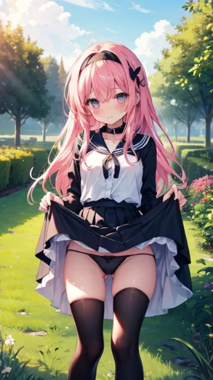 、、Shyness、blush、naked、全naked、、panties、;Don&#39;t wear skirts、pantiesだけ、ピンクのpanties、garden、grass、Being kept、Dog collar、Obedience、Scrounge、High resolution、Full HD、8K quality、、、Droopy eyes、Skirt lift、Eye highlights、、Embarrassing、blush、Incredibly beautiful eye...