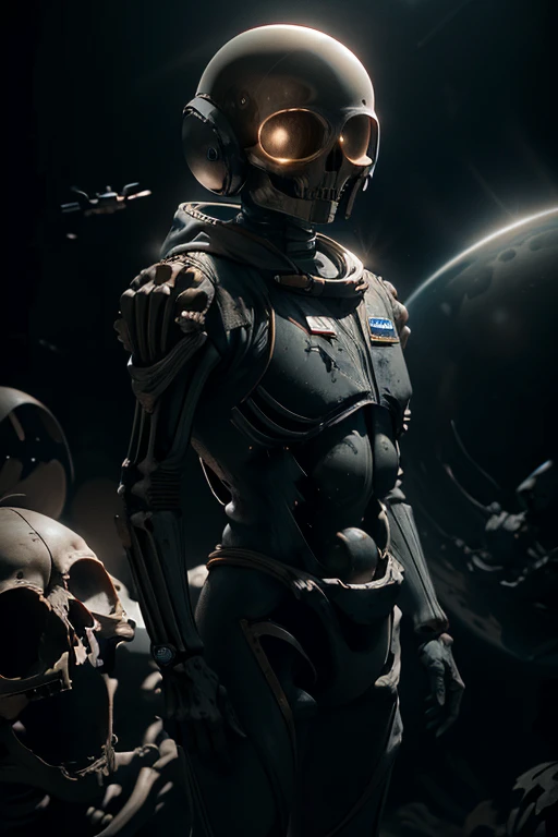 best quality, 8k, crazy details, cinematic lighting, cosmonaut, spacesuit, a skeleton, a skeleton в spacesuitе, space, a skeleto...