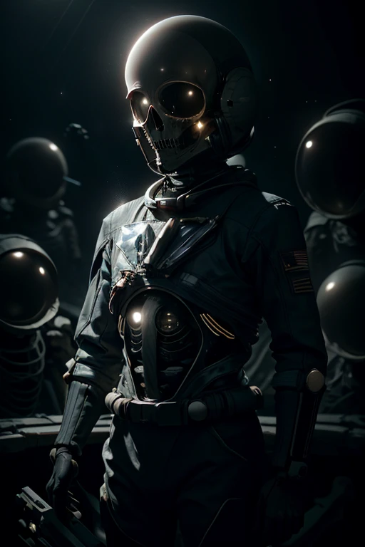 best quality, 8k, crazy details, cinematic lighting, cosmonaut, spacesuit, a skeleton, a skeleton в spacesuitе, space, a skeleto...