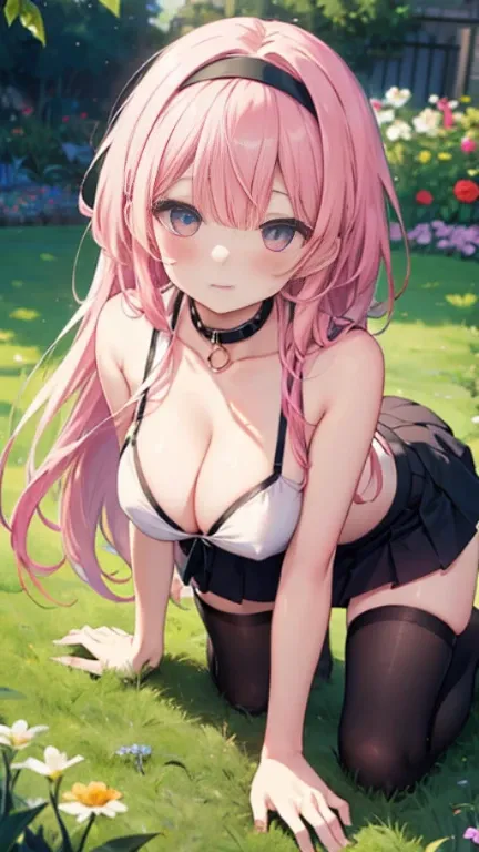 、、Shyness、blush、naked、全naked、、panties、;Don&#39;t wear skirts、pantiesだけ、ピンクのpanties、garden、grass、Being kept、Dog collar、Obedience、Scrounge、High resolution、Full HD、8K quality、On all fours、From before、Cleavage、Big Ass、Big 、Big Breasts、Droopy eye、、hairless、exci...