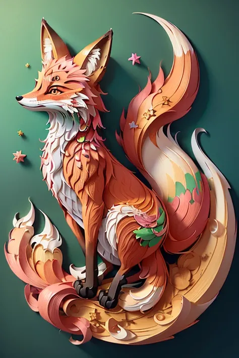 ((((masterpiece))), super high quality, An illustration, Beautiful details shine, fox, Wearing pink clothes,Integrating 3D paper sculpture and paper art creation, Uses 3D stereoscopic rendering technology, The background is light green