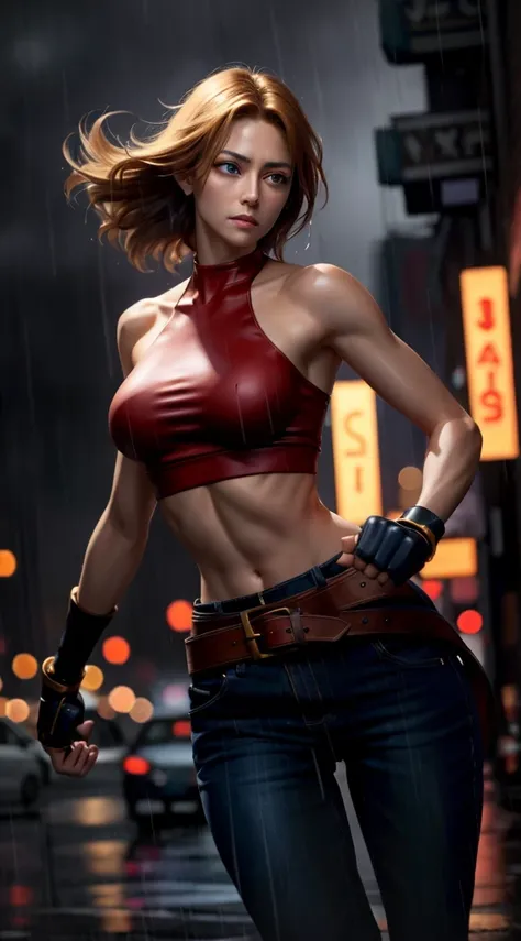 Maryams,best quality,(beauty),masterpiece, 1 Girl,Physically Based Rendering ,Ultra-high resolution,Willow Waist, Skinny,big eyes,Long legs,(Small Breasts),Puffy eyes, night,(rainy city), Glowing skin, For the audience, Fighting Stance, (make a fist),a fir...