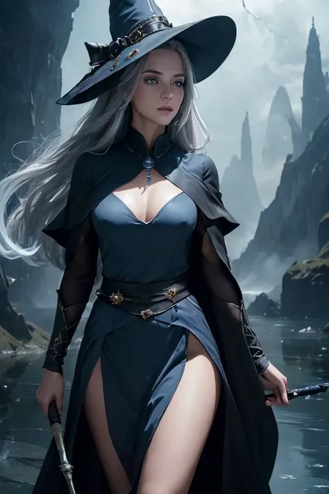 (master piece:1.8), (best quality:1.8), (exquisite lighting and shadow, highly dramatic picture, cinematic lens effect) 8k, wallpaper, one hand pointing the sky, looking at the viewer, female long silver hair waving in the air dark fantasy young witch lady...