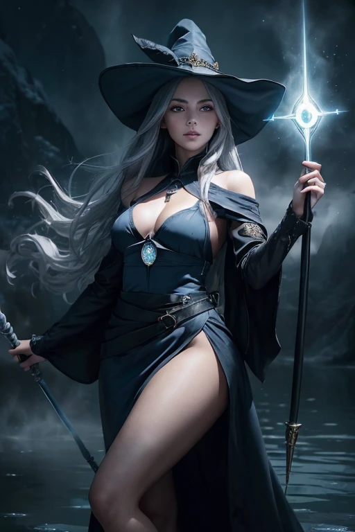 (master piece:1.8), (best quality:1.8), (exquisite lighting and shadow, highly dramatic picture, cinematic lens effect) 8k, wallpaper, one hand pointing the sky, looking at the viewer, female long silver hair waving in the air dark fantasy young witch lady...