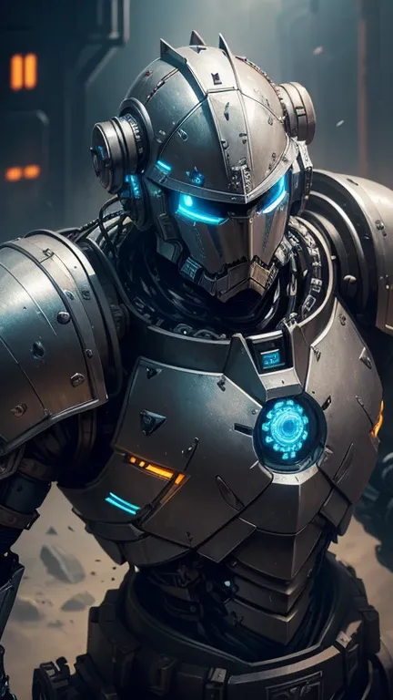 (a strong armored knight, a closed helmet, intricate microchips, mechanical gears, futuristic cyberpunk vibes, post-apocalyptic setting, high-quality and detailed, realistic lighting)