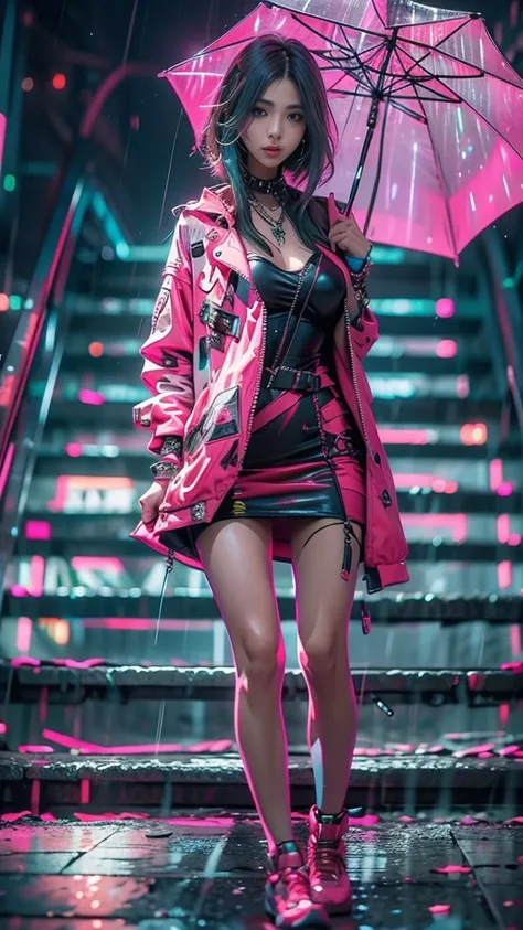 (Realistic:1.3, 16k, highest quality, masterpiece, Ultra-high resolution), ((light rain, From below)), Perfect dynamic composition, (Modern futuristic city at night, Expressions of sadness, Sit on the stairs), Highly detailed skin and facial textures, Youn...