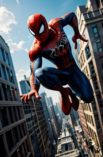 [spiderman] dynamic pose, on aire, perspective, buildings, angulo bajo, cinematic angle, cinematic, beautifil cinema light