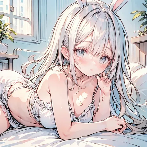 (Exquisite, beautiful, Very detailed, masterpiece, high quality,High resolution),(Well-formed face,Soft thin lines: 1.2,),(A girl with a rabbit motif:1.8,Big fluffy bunny ears:1.8,Big fluffy rabbit tail:1.8,Bunny girl),(Sleep in a luxurious bed at night,Ly...