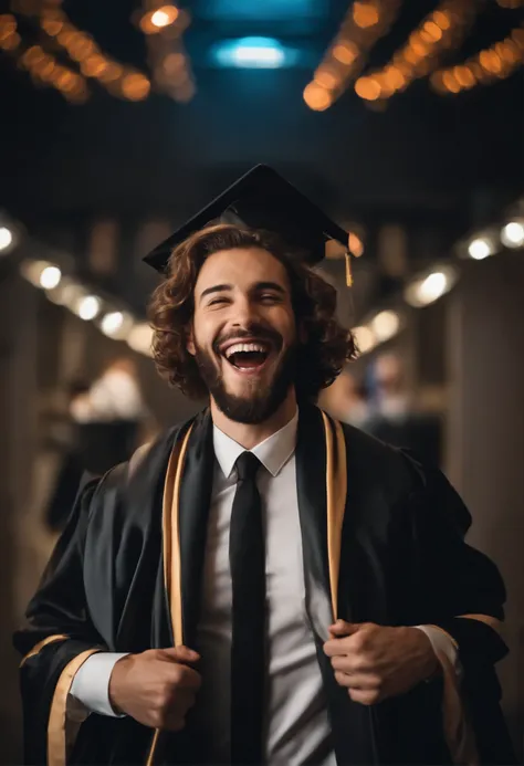 Man putting on his suit with a graduation gown in a sci-fi background feeling excited and joyous over winning and being a winner man