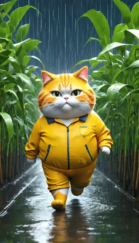 There was a fat orange cat, an old pair of long pants, a long-sleeved yellow shirt, one was going to steal the crops, the rain, the wind, the thunder,8k, photo, illustration, 3d render, typography, cinematic, poster