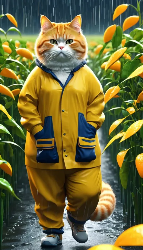 There was a fat orange cat, an old pair of long pants, a long-sleeved yellow shirt, one was going to steal the crops, the rain, the wind, the thunder,8k, photo, illustration, 3d render, typography, cinematic, poster