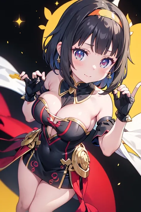 yor briar, anime style beutiful woman, 1girl, happy, sexy pause,(with sparkling eyes and a contagious smile:0.9),red face, closed mouth, beautiful detailed eyes, super detailed skin, backlighting, bare shoulders, black background, black dress, black gloves...