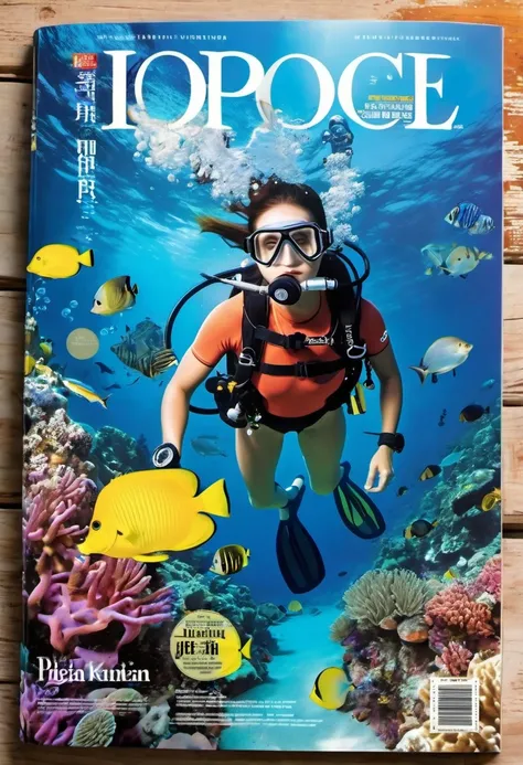 (Magazine cover :1.2),(masterpiece, best quality:1.2),Undersea photos,Draw the beautiful underwater world,Best diving spots,transparency,How beautiful,Water,water sports,Fine bubbles,realism,Beautiful diving spot，Make everyone fascinated,bright,Diagonal co...