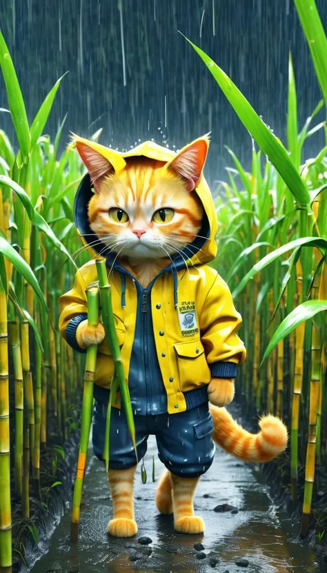 Poor orange cat, old pants, a yellow jacket cutting sugarcane in the fields, heavy rain, wind, strong thunder, 8k, photo, illustration, 3d render, typography, cinematic, poster