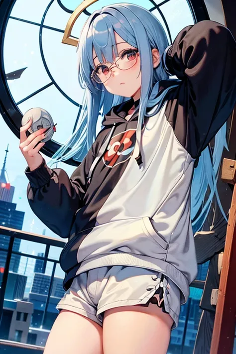 Angelic French doll, stocky, light colored hoodie, in short pants, blue hair ,messy long hair, (anime: 1.2), Wear glasses, asymmetrical bangs, (masterpiece: 1.2), Tengu, fortune teller, to face a headwind