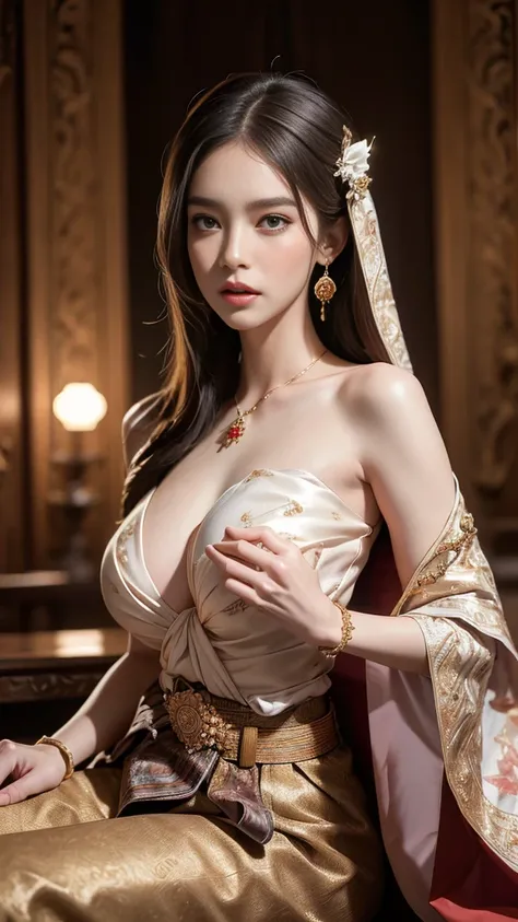 (raw photos:1.2), (realistic:1.4), (Masterpiece:1.3), (best quality:1.4), Ultra high resolution, (Detailed eyes), (Detailed facial features), (Detailed clothing features), HDR, 8K resolution, Focus only, Dressing according to Thai tradition, Traditional sh...