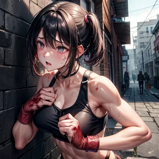 Covered in blood、A beautiful female fighter covered in scars and a broken body。Suffering from a fight with a giant in an alley。Being cornered against the wall。Throwing punches。Close one eye、Mouth open and tears flowing。Out of stamina。painful。Facial swellin...