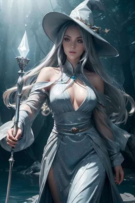 (master piece:1.8), (best quality:1.8), (exquisite lighting and shadow, highly dramatic picture, cinematic lens effect) 8k, wallpaper, looking at the viewer, female long silver hair waving in the air thin and tall young fantasy witch lady wearing a futuris...