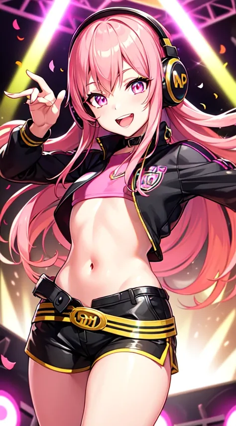 anime girl,club jacket and shorts, headphones,DJ turntable set,club lighting,stage,confetti,dancing,smiling,(best quality:1.2),(ultra-detailed:1.2),(realistic:1.37),HDR,vivid colors,portraits,shorts,headphone girl,energetic pose,colorful lights,stage set,c...