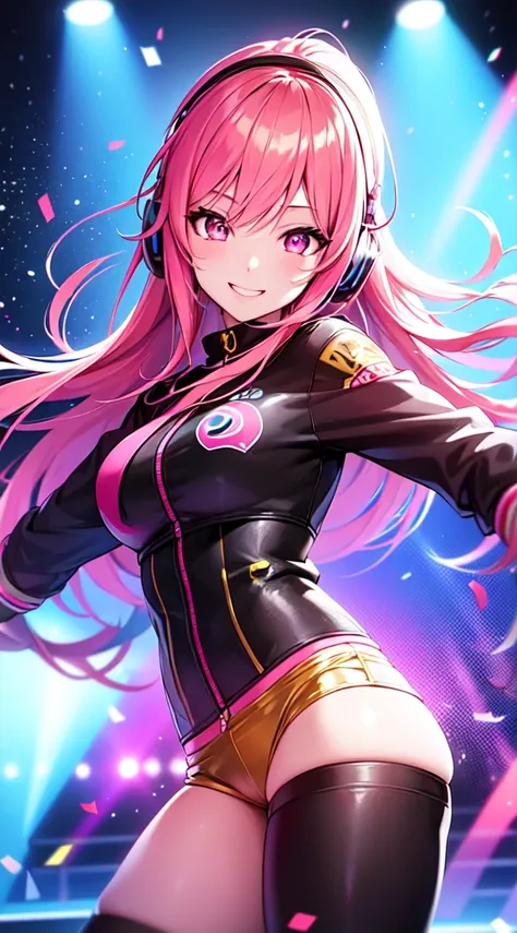 anime girl,club jacket and shorts, headphones,DJ turntable set,club lighting,stage,confetti,dancing,smiling,(best quality:1.2),(ultra-detailed:1.2),(realistic:1.37),HDR,vivid colors,portraits,shorts,headphone girl,energetic pose,colorful lights,stage set,c...