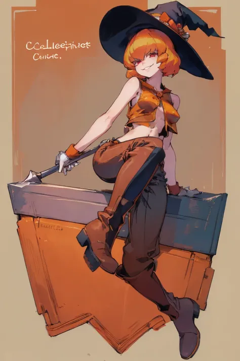 ((highest quality)), ((masterpiece)), (be familiar with),Clementine,Overload,{{nsfw}},Sleeveless shirt,pants,Bewitching Smile,whole body,boots