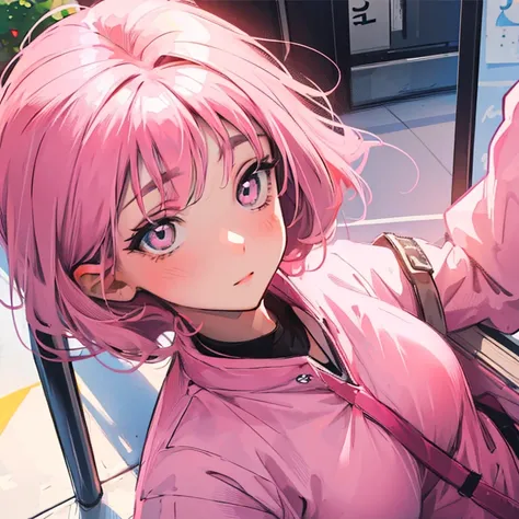 girl, hazel eyes, very detailed, pink hair, pink clothes, Pretty Woman, 거친 girl, female student, happy, best quality, high quality, very detailed anime