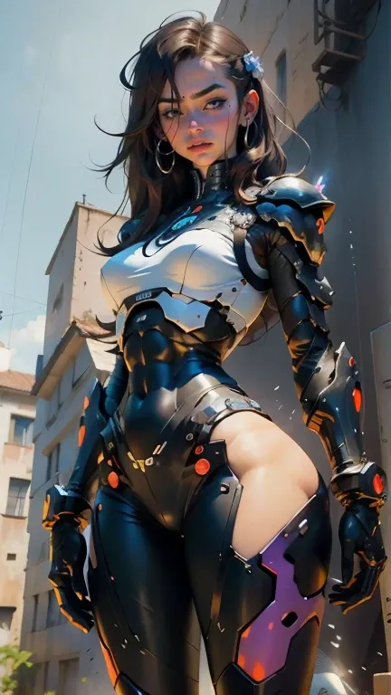 Womans body defines thick thighs cybernetic body parts, kurzes Kleid , Brasilien und riesige Titten , dunkel schwarzes Haar ,muscles, armor, Brille