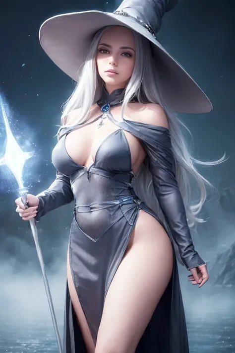 (master piece:1.8), (best quality:1.8), (exquisite lighting and shadow, highly dramatic picture, cinematic lens effect) 8k, wallpaper, looking at the viewer, female long silver hair waving in the air thin and tall young fantasy witch lady wearing a futuris...