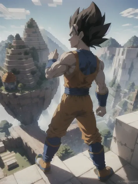 vegeta haciendo una casa en minecraft con goku y frizzer de dragomball