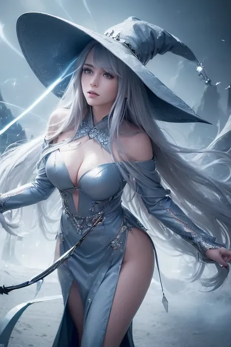 (master piece:1.8), (best quality:1.8), (exquisite lighting and shadow, highly dramatic picture, cinematic lens effect) 8k, wallpaper, looking at the viewer, female long silver hair waving in the air thin and tall young fantasy witch lady wearing a futuris...