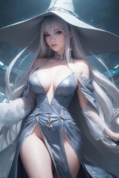 (master piece:1.8), (best quality:1.8), (exquisite lighting and shadow, highly dramatic picture, cinematic lens effect) 8k, wallpaper, looking at the viewer, female long silver hair waving in the air thin and tall young fantasy witch lady wearing a futuris...