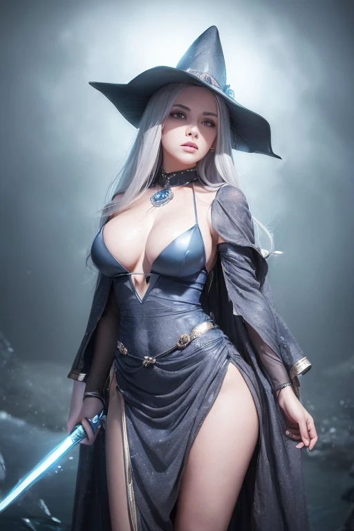 (master piece:1.8), (best quality:1.8), (exquisite lighting and shadow, highly dramatic picture, cinematic lens effect) 8k, wallpaper, looking at the viewer, female long silver hair waving in the air thin and tall young fantasy witch lady wearing a futuris...