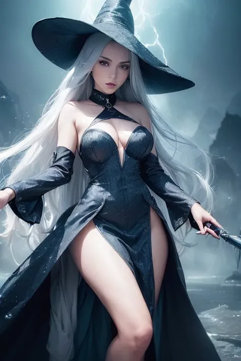 (master piece:1.8), (best quality:1.8), (exquisite lighting and shadow, highly dramatic picture, cinematic lens effect) 8k, wallpaper, looking at the viewer, female long silver hair waving in the air thin and tall young fantasy witch lady wearing a futuris...