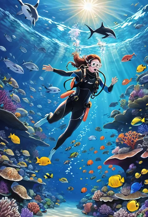 1girl, Diving, underwater scenery, crystal clear water, colorful marine life, vibrant coral reefs, majestic sea turtles, graceful manta rays, schools of tropical fish, sun rays shining through the water, tranquil ocean floor, oceanic wonders, serene and pe...