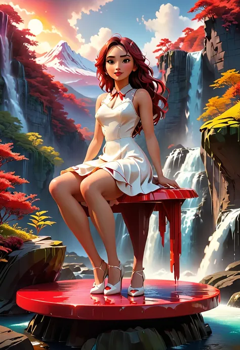 a powerful and vibrant 3d rendered image of a woman. she is wearing a white dress and red details, sitting on a floating platfor...