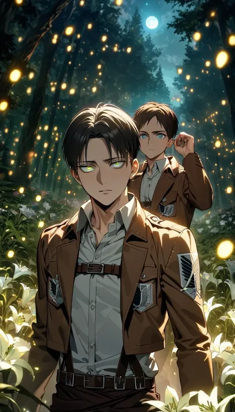 absurdres, highres, ultra detailed, HDR, masterpiece, extremely detailed face and eyes, Shingeki No Kyojin, two men together, sexy gay couple, handsome, Levi Ackerman together with Eren Yeager, expressive eyes, perfect face, beautiful eyes, brown jacket, m...