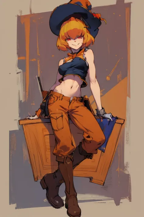 ((highest quality)), ((masterpiece)), (be familiar with),clementine,overload,{{nsfw}},sleeveless shirt,pants,bewitching smile,wh...