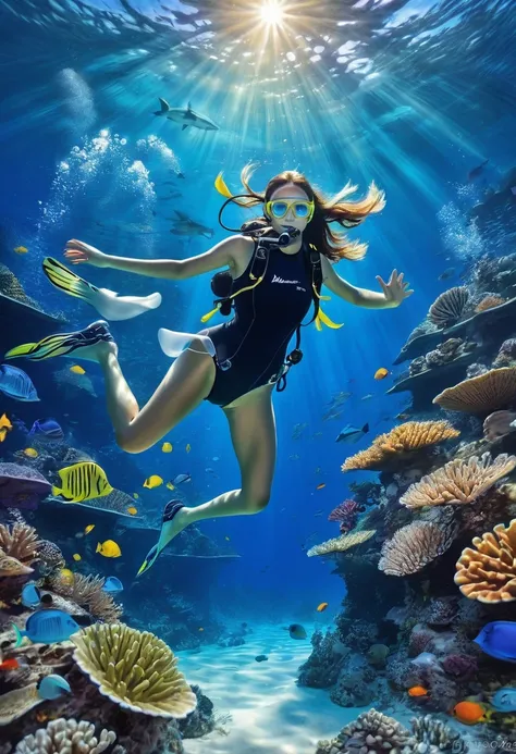 1girl, Diving, underwater scenery, crystal clear water, colorful marine life, vibrant coral reefs, majestic sea turtles, graceful manta rays, schools of tropical fish, sun rays shining through the water, tranquil ocean floor, oceanic wonders, serene and pe...