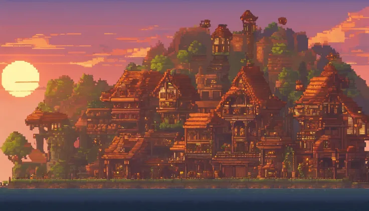 Fantasy town, pixel art, detailed, highly detailed, rim lighting, sunset, warm color pallete