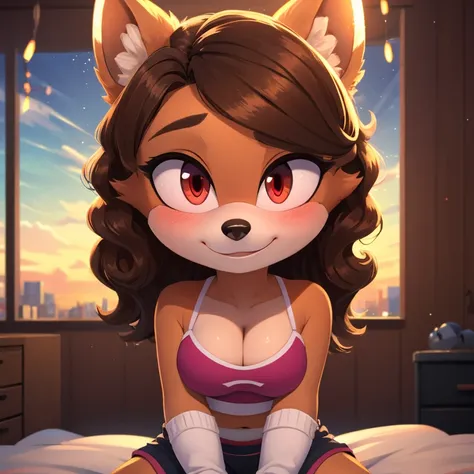 mobian, hedgehog, two-tone fur ((orange fur, brown fur)), pyjama elastic shorts, strapless crop top, cleavage, high-top sneakers, two-tone hair (brown hair, black tip)), curly hair, halo, sunglasses, jewelry, red eyes, longeyelashes, red eyes, smile, shy, ...