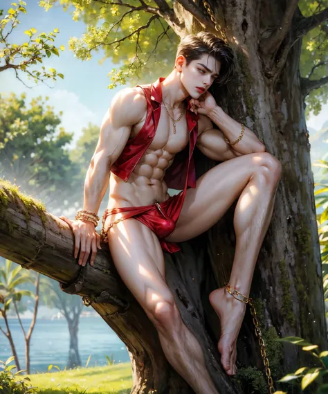 HD quality, high definition,, male 18 years old handsome, muscular and slim, red lips, tied to a big tree with chains on his body, naked exposed crotch penis, model with bracelets, earrings and Necklace, wearing vest, with sunglasses, fully nude and naked ...