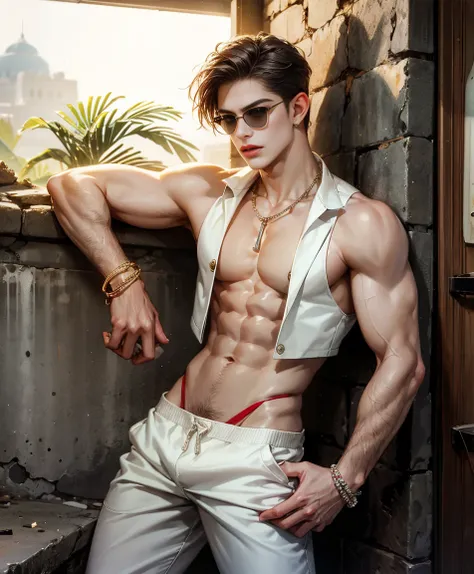 HD quality, high definition,male 18 years old handsome, muscular and slim, red lips, leaning against a wall inside abandoned oasis naked and wearing thong, model with bracelets, earrings and Necklace, wearing head band and sunglasses, open vest, full sexy ...