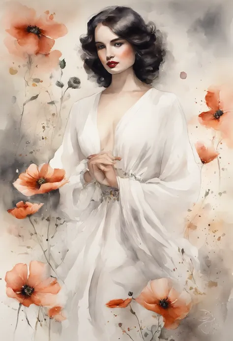 chiaroscuro technique on sensual illustration of an elegant , retro and vintage white dress ,Chocolate Cosmos (Cosmos atrosanguineus) around body, matte painting, by Hannah Dale, by Harumi Hironaka, extremely soft colors, vibrant, pastel, highly detailed, ...